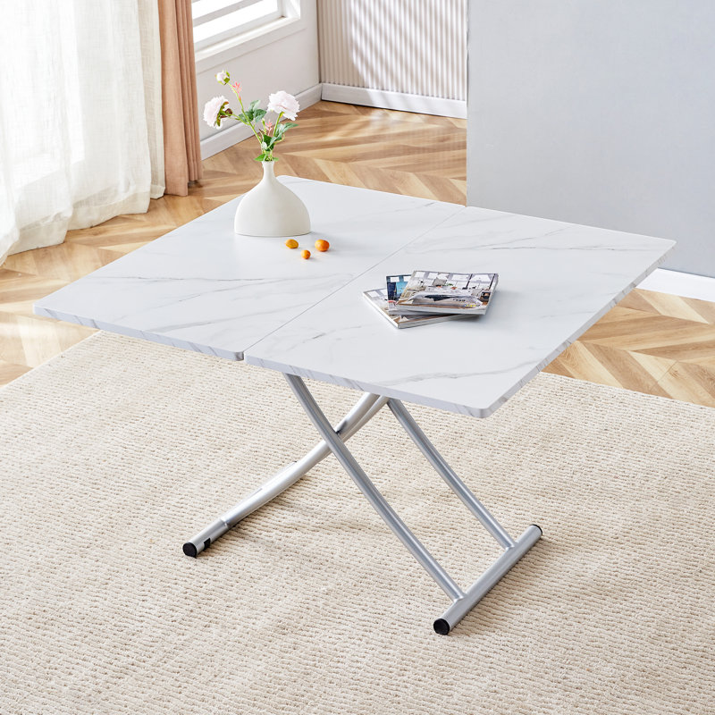 Vesta Multi-functional Faux Marble Lift Top Coffee Table, Height Adjustable Dining Table with Hidden Wheels and Foldable Top