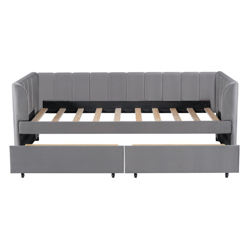 Lit de jour rembourré avec dossier ergonomique et 2 tiroirs, Gris