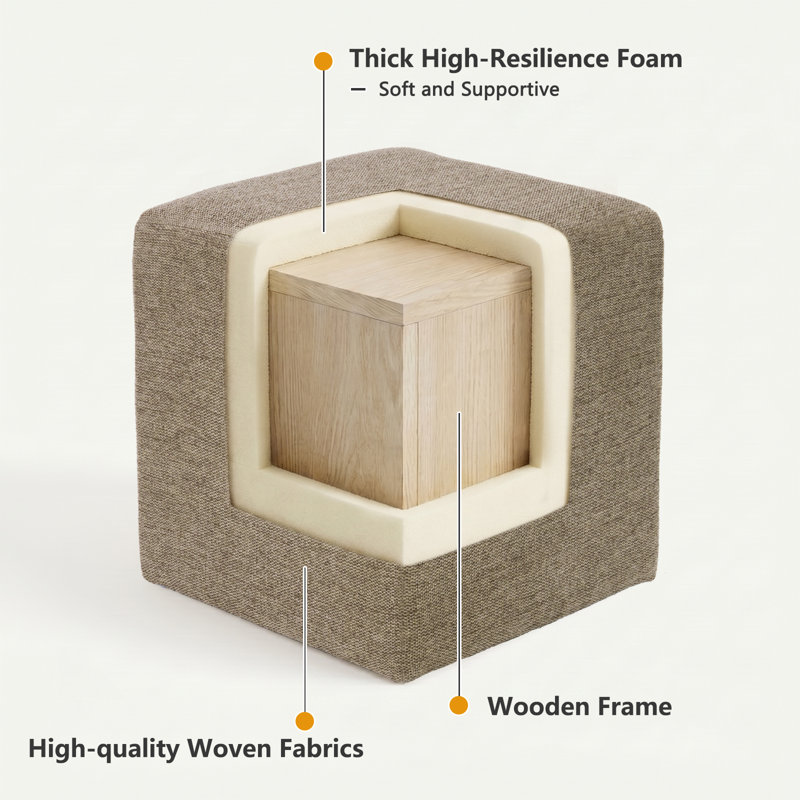 Modern Square Upholstered Ottoman with Solid Wood Frame Set Of 2, Light Brown
