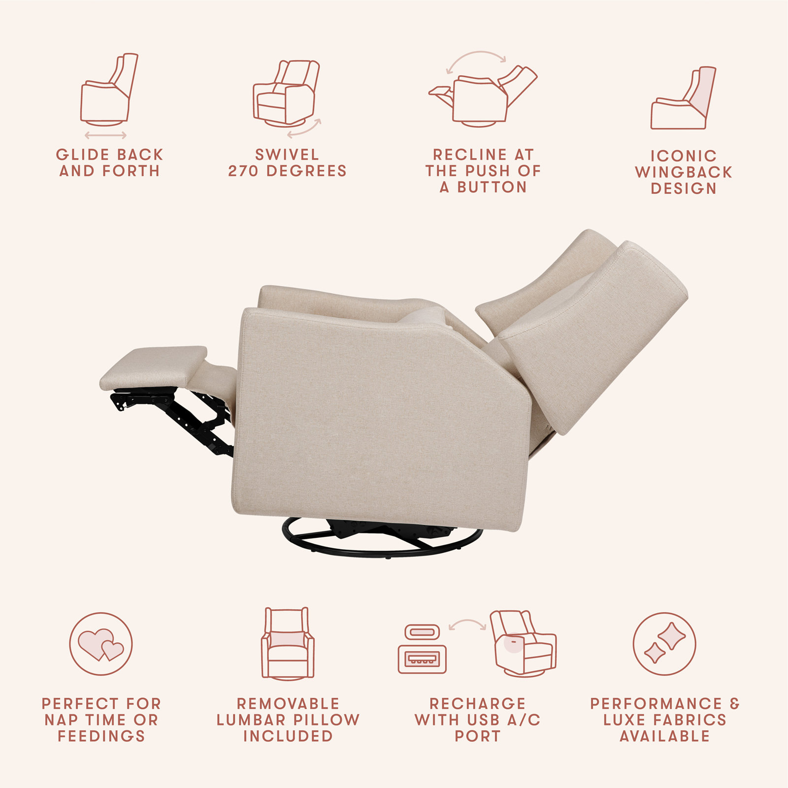 Kiwi Swivel Power Reclining Glider, Performance Beach Eco-Weave