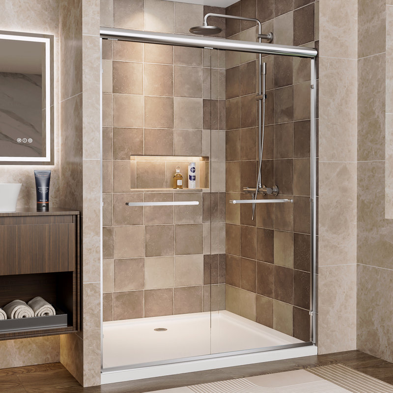 Aluminum Frame Material Double Sliding Opening Shower Door  - 1/4" (6Mm) Clear Tempered Glass With Explosion-Proof Film, Dual Stainless Steel Handles