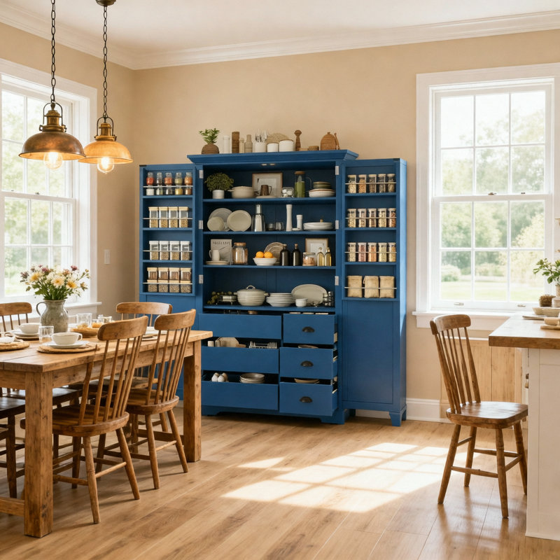 Garde-manger de style Shaker de 42 po x 20 po x 72 po avec tiroirs, armoire de rangement autoportante avec tablettes de porte, tablettes réglables et plateaux coulissants, bleu