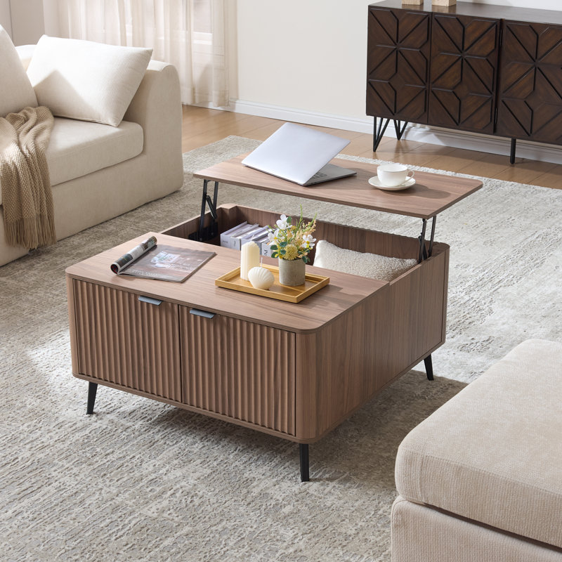   35" Square Lift Top Coffee Table with Fluted Cabinet Door, Organic Modern Wood Coffee Table with Hidden Storage and Rounded Corners for Living Room, Apartment & Small Spaces