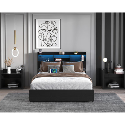 Black Bed Frame With 4 Drawers, Storage Headboard, Ul , Quiet Operation Full Size Headboard Shelf, Fast Charging, No Sliding