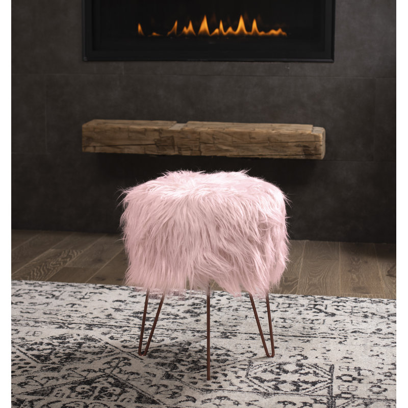 Upholstered Ottoman, Pink Faux Fur