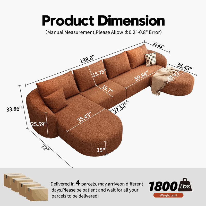 Ensemble de canapé modulaire Boneless, Orange, H 33,86 po x l 138,6 po x P 72 po, Orienté à gauche (vu de face)