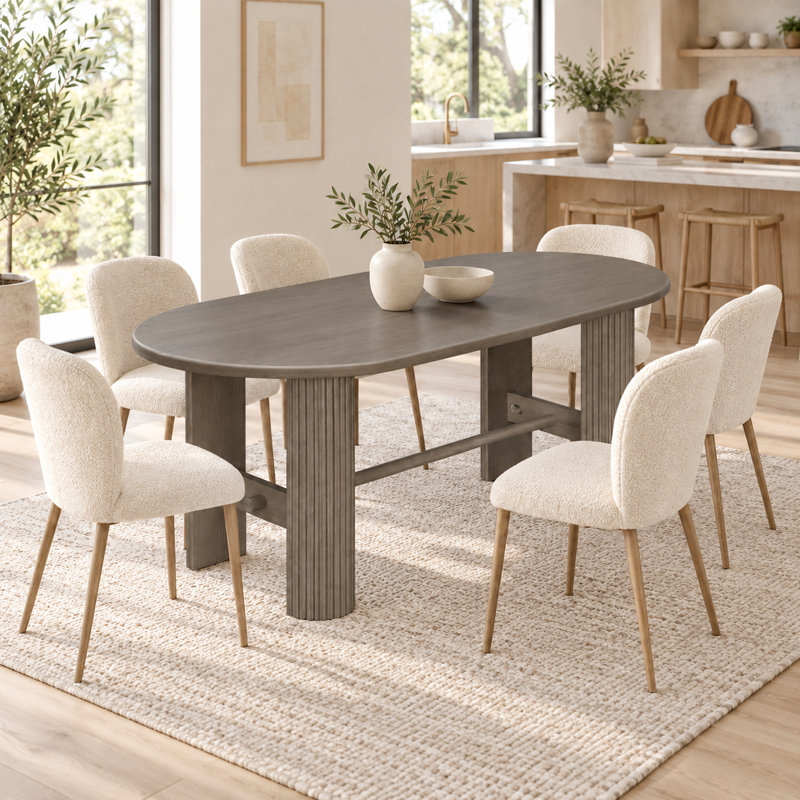 Ensemble de salle à manger ovale 7 pièces pour 6 personnes avec table en placage de chêne de 184 cm et 6 chaises rembourrées, table à double piétement cannelé, naturel