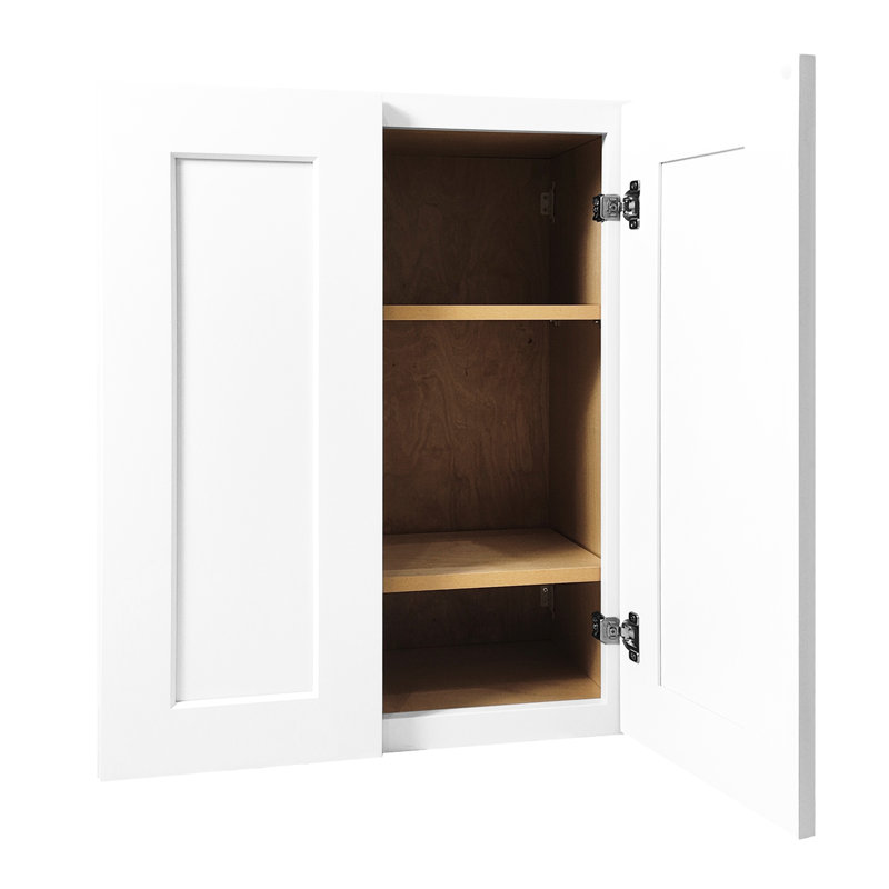 Armoire blanche à deux portes en bois massif avec 2 tablettes pour le rangement de la cuisine, l 30 po x P 12 po x H 36 po, style Shaker, charnières à fermeture en douceur faciles à installer et à installer dans la salle de bain