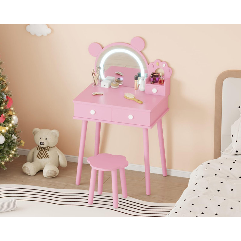 Kids Vanity Set with Lights, Bear-Shaped Makeup Table with Mirror & Stool for Girls Bedroom Play, Pink