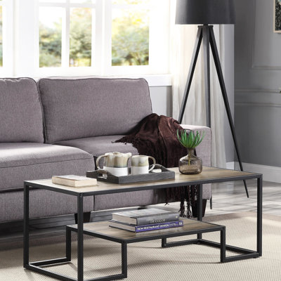 Black And Rustic Oak Rectangular Coffee Table With Metal Frame 1 Tier Open Shelf, 15 Mm Top Coated Pu Paper Veneer Edge, Suitable For & End Covered By
