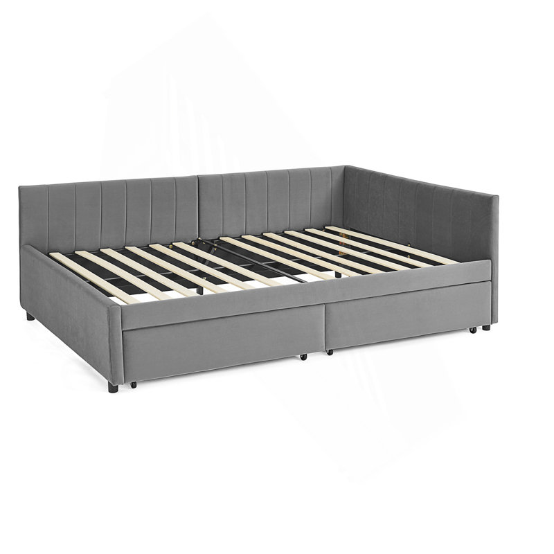 Full Size Upholstered Tufted Bed Frame With Two Drawers, Sofa Bed Frame With Comfortable Backrest And Armrests, Gray