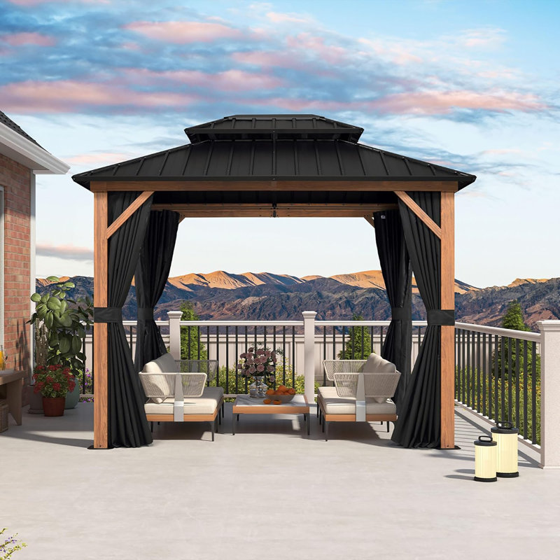 PURPLE LEAF 8' X 10' Hardtop Gazebo Outdoor Wood Grain Aluminum Frame Galvanized Steel Double Roof Gazebos with Netting and Curtains for Patio Deck Backyard Garden