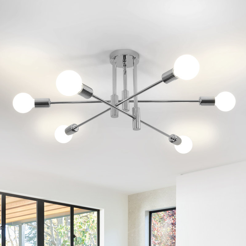 Modern 72 CM 6-Light Sputnik Semi Flush Ceiling Light, Chrome