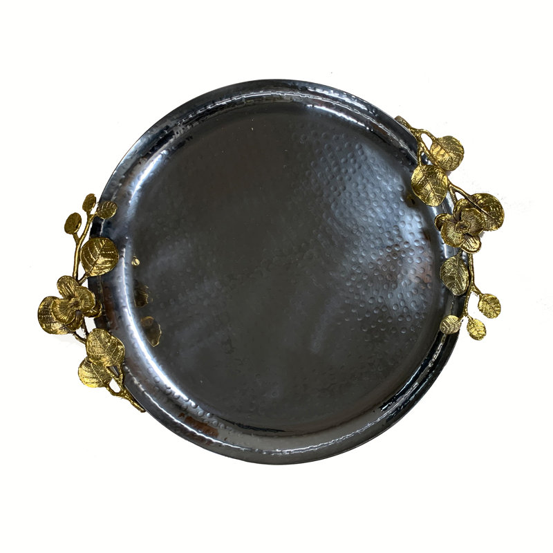 Everly Quinn Large Round Metal Tray with Orchid Handles for Christmas Decor and Home Organization