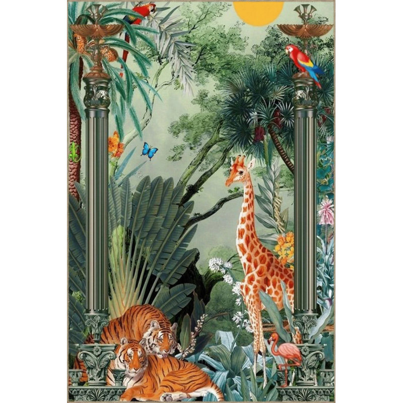 Wild Forest Themed Giraffe And Parrot Patterned Modern Decorative Carpet, Rectangle 3'4" x 5'