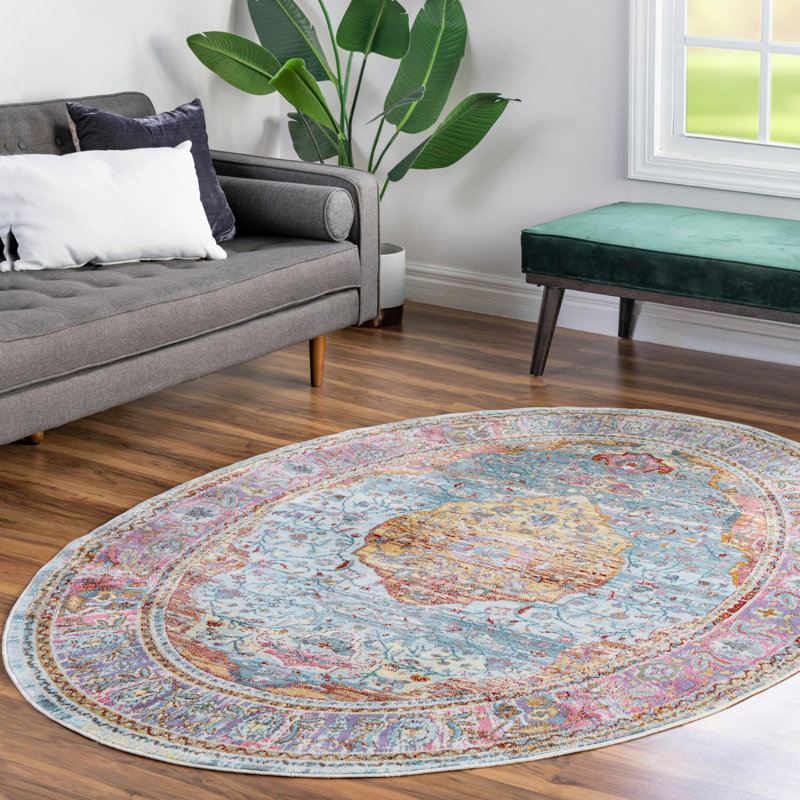 Tapis contemporain à motif de vagues multicolores, Ovale 7 pi 10 po x 10 pi