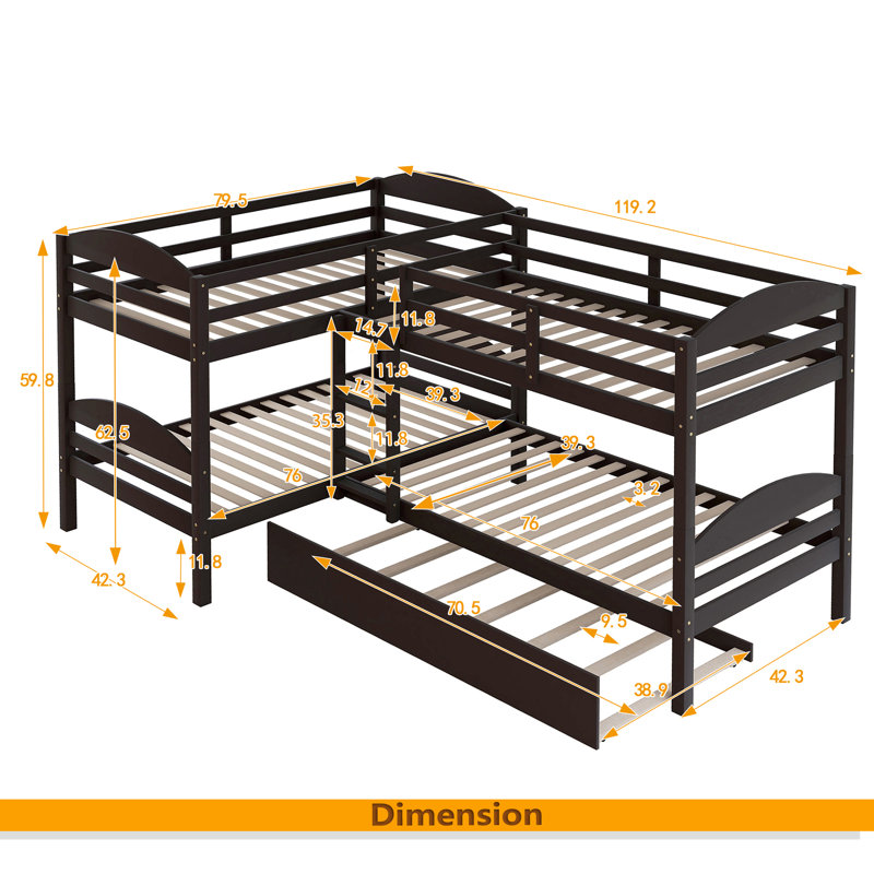 Twin L-Shaped Bunk Bed With Trundle, Espresso