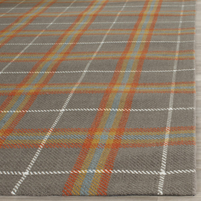 Marotta Hand Loomed Wool Viscose Plaid Rug in Gray/Orange, Rectangle 8' x 10'