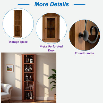 Tall Corner Bar Cabinet with Storage Space and Metal Perforated Door