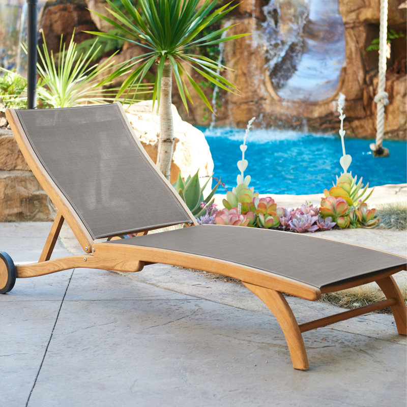 Perrin Teak Outdoor Reclining Chaise Lounger with Rear Wheels, Taupe