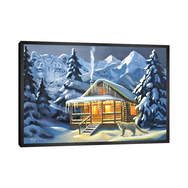 Snow Leopard And Cabin by D. "Rusty" Rust - Floater Frame Gallery-Wrapped Canvas Giclée on Canvas, Black