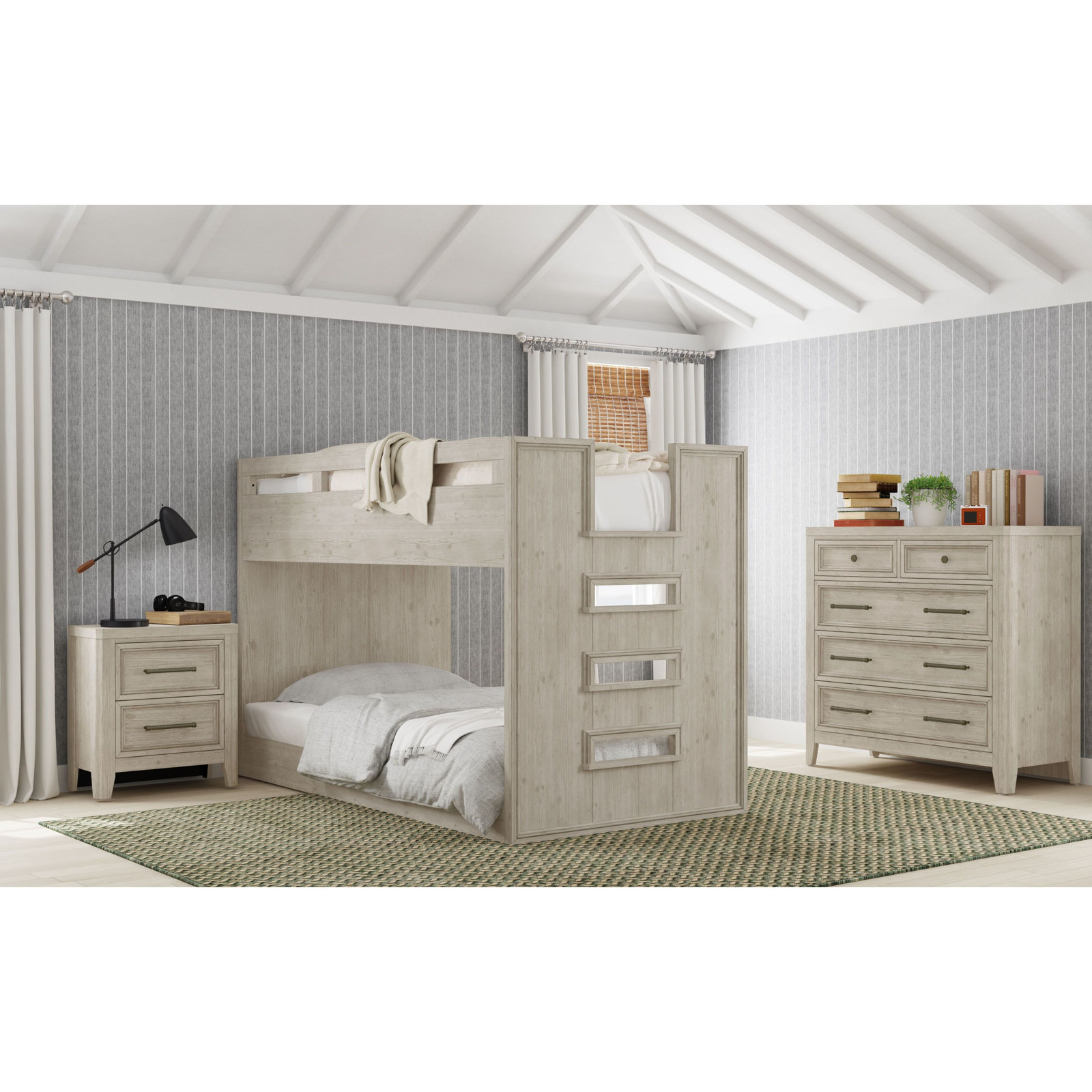 Jemma Solid Wood Bunk Bed, Washed Linen, Twin over Twin