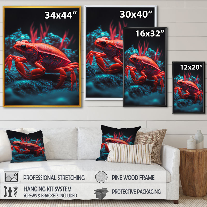 Crabe rouge Kayelyn dans des tons de noir et de bleu I - reproduction sur toile, L 30 po x H 40 po