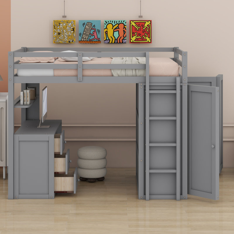 Lit mezzanine avec tiroirs, bureau et garde-robe, Gris