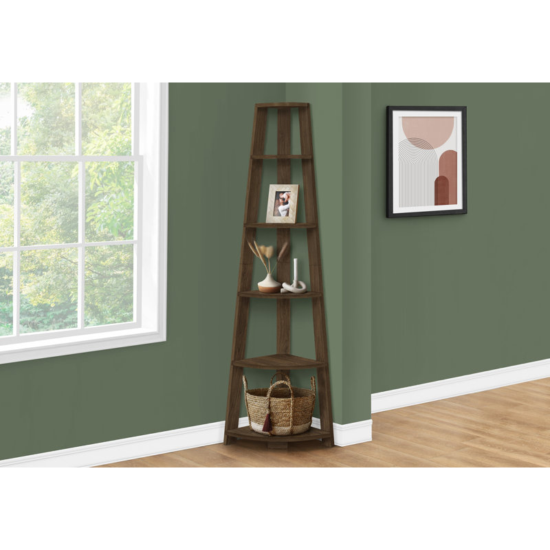 Bookshelf Bookcase Etagere Corner Office Bedroom Laminate Contemporary, Dark Walnut, (6 Shelves) 71" H x 23" W x 23" D