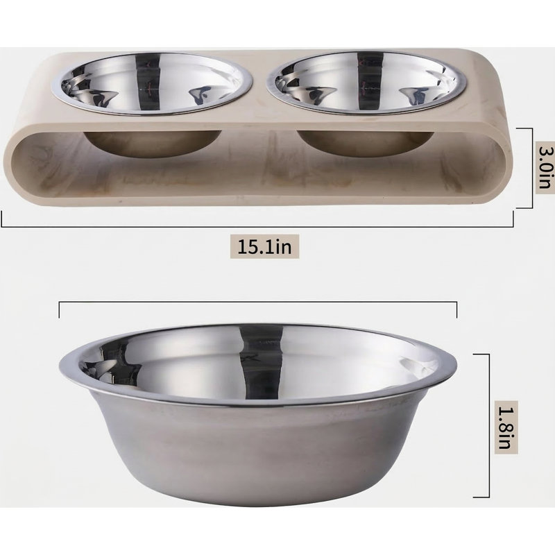 Ensemble de bols pour chien surélevés en marbre beige avec 2 bols épais en acier inoxydable de 6 po et support antidérapant pour chats et petits / moyens animaux de compagnie