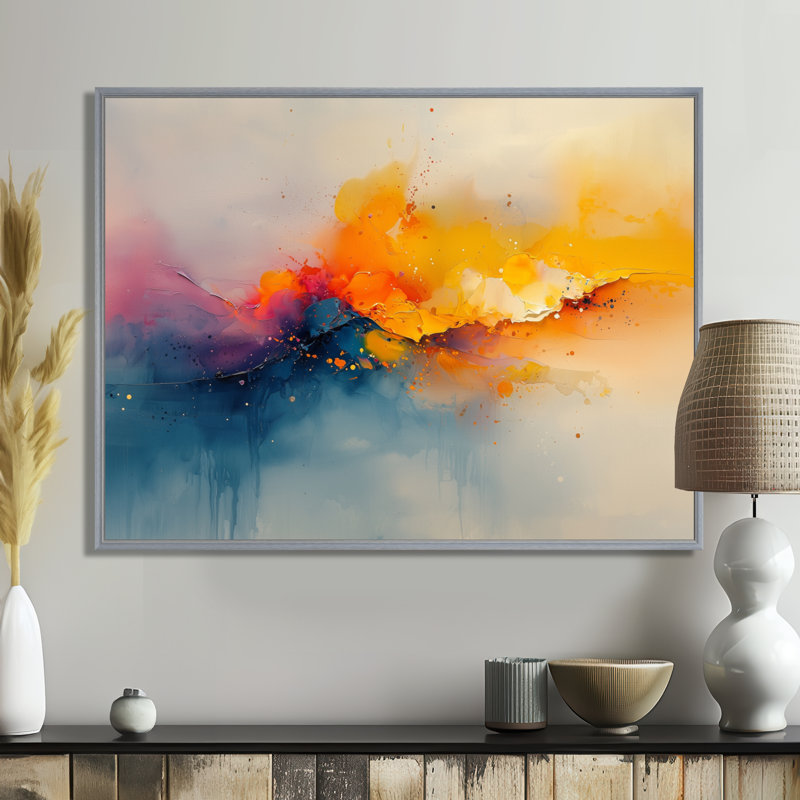 «Westfall Dream» jaune bleu côtier vagues Turbulence I, H 16 po x l 32 po, Cadre flottant, Argent argent