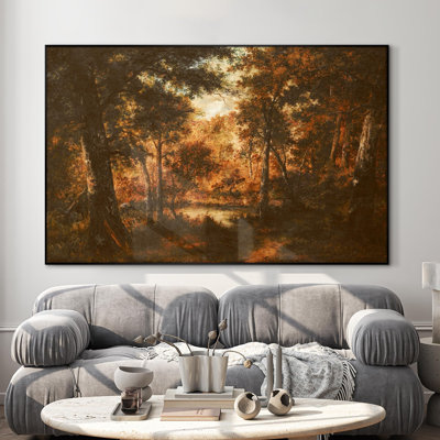 Extra Large Wall Art Fabric Print - Autumn Woodland Vintage Forest Landscape Illustrations Artwork Decor for Living Room or Bedroom - "Frame Assembly Required (Unfinished Frame)"