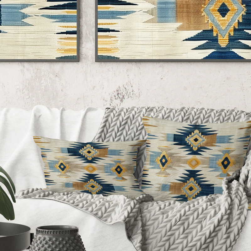 Coussin décoratif rétro bleu géométrique Navajo I - géométrique, H 16 po x l 16 po
