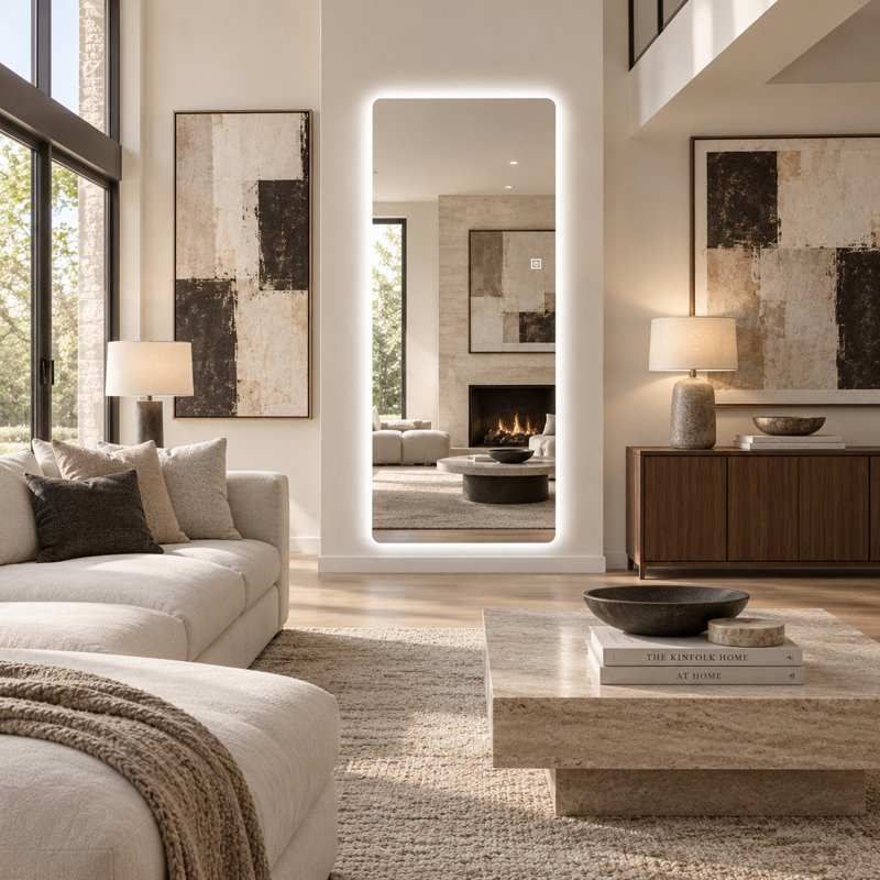 Miroir pleine longueur à DEL sans cadre avec 3 lumières à intensité variable de couleur, verre incassable sans cuivre de 5 mm