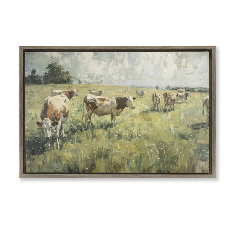  Toile flottante encadrée «Roking Cows in Grasslands» par LSR Design Studio, H 17 po x l 25 po