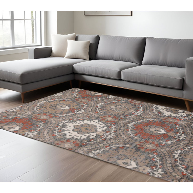 Tapis floral rouille 7 pi x 9 pi résistant aux taches