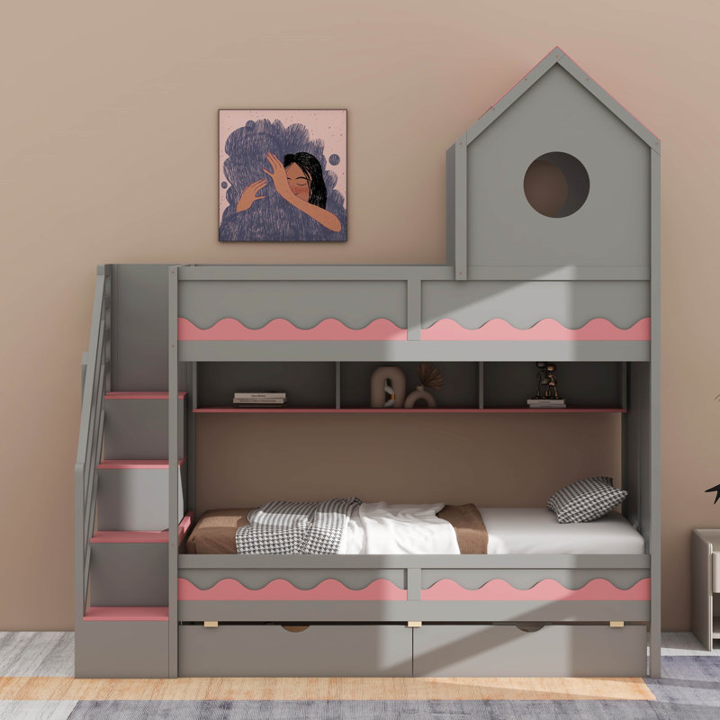 Lit superposé simple au-dessus de simple avec tiroirs et tablettes de rangement, escalier de rangement et éclairage DEL, Gris