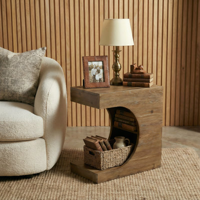 Solid Wood C-Shaped End Side Table, Narrow Couch Bed Side Table with Storage for Living Room, Bedroom