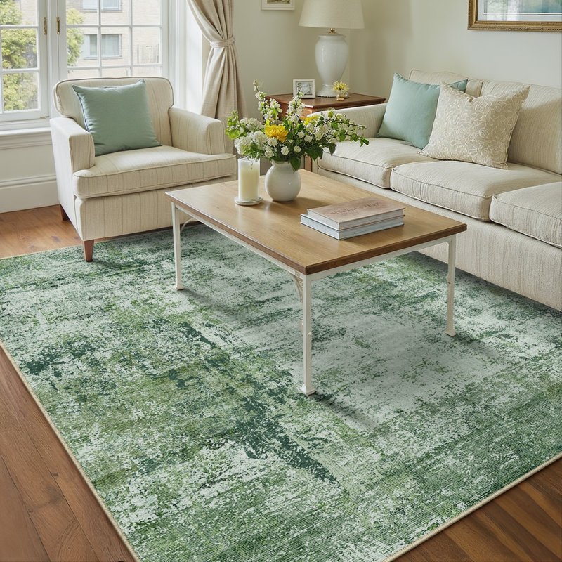 Tapis moderne lavable abstrait vert foncé, Vert foncé, Rectangle 5 pi x 7 pi
