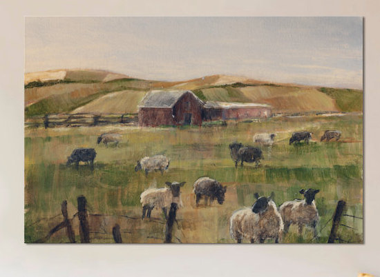 «Grazing Sheep II» par Ethan Harper - reproduction d'art sur toile tendue, H 26 po x l 40 po x P 1,5 po, Pas de tapis