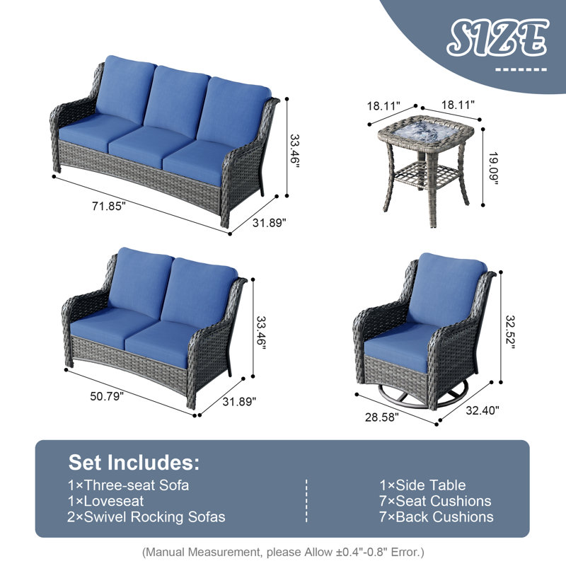Ensemble de conversation pour 5 personnes avec coussins Karega, Bleu denim, gris