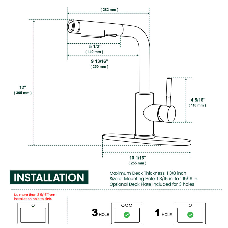 Robinet de cuisine à une poignée avec douchette extractible avec fonction de filtration d'eau, Noir mat