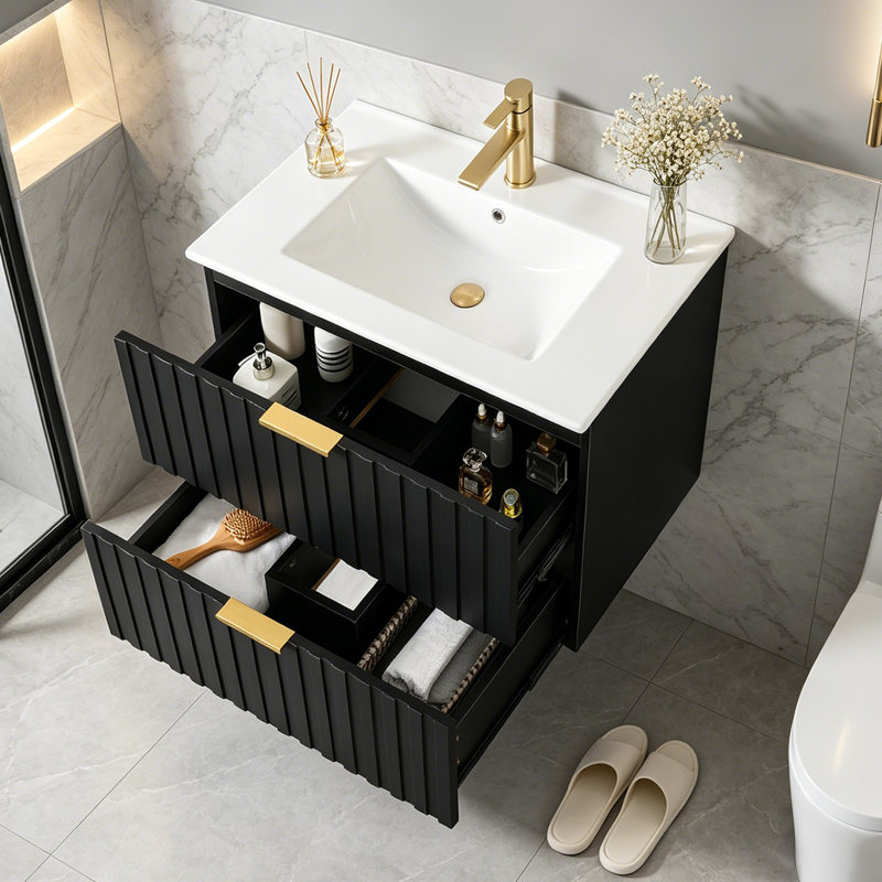 Meuble-lavabo mural moderne noir de 30 pouces avec 2 tiroirs