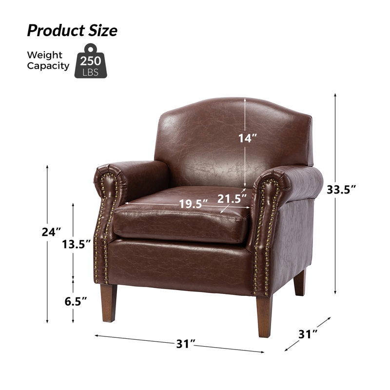 Fauteuil en similicuir 31 po avec pieds en bois massif Mooresville, Similicuir brun