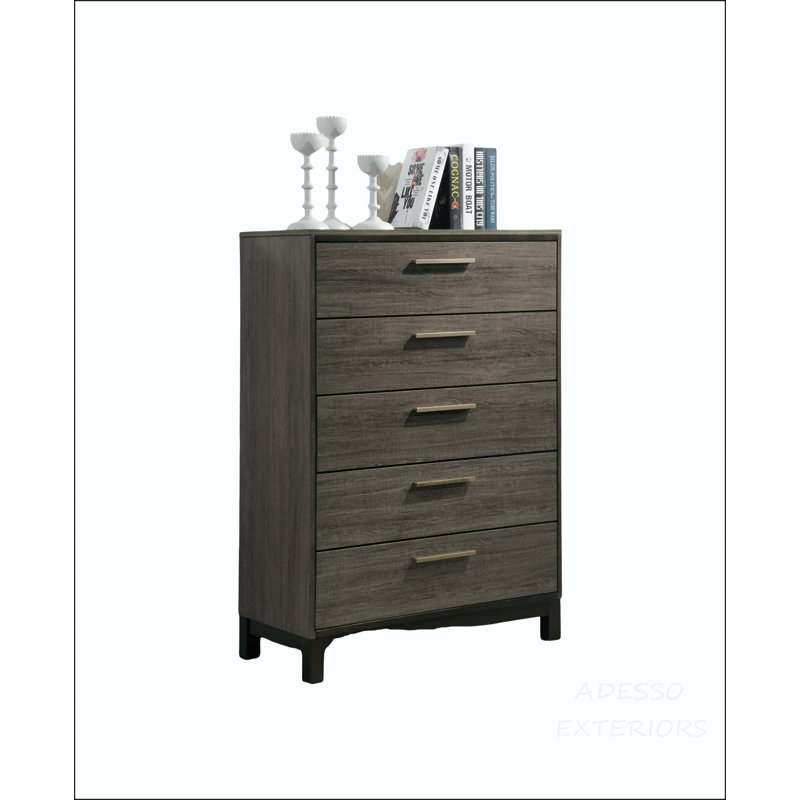 Commode en bois 5 tiroirs - Finition gris antique avec glissières en métal