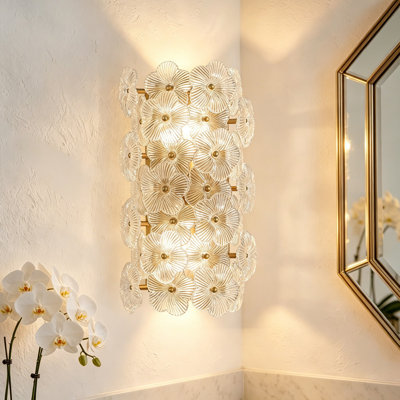Applique murale 2 lumières en verre floral doré