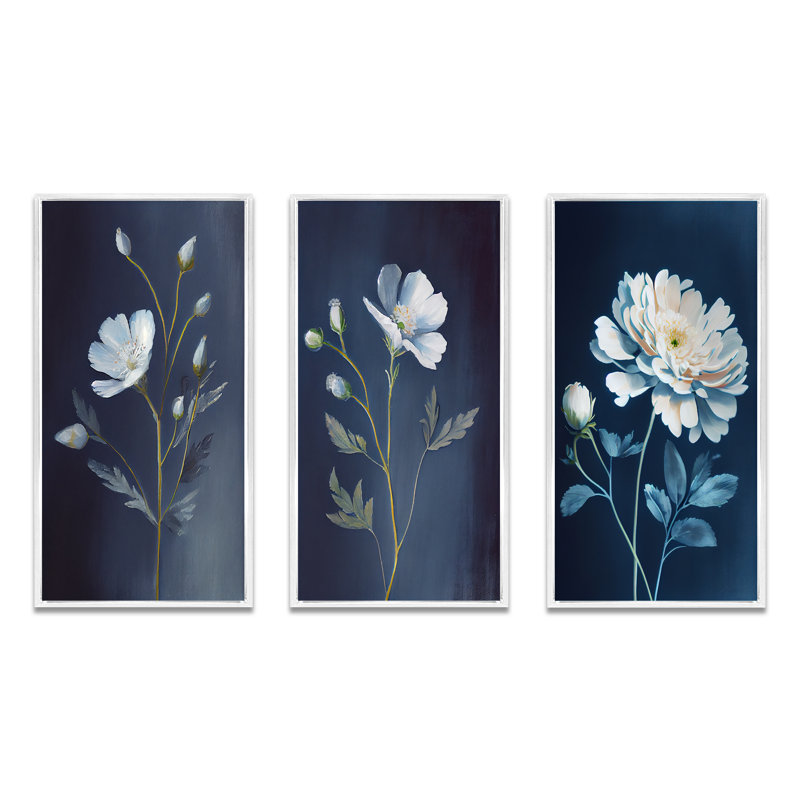 Ensemble de 3 fleurs blanches simples sur fond bleu rétro, H 40 po x l 60 po, Cadre flottant blanc