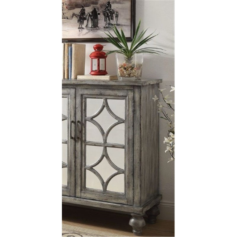 Exquisite Console Table with Mirrored Doors and Diamond Trim Inlay, Supported by Wooden Bun Turned Legs for Durable and Stylish Use
