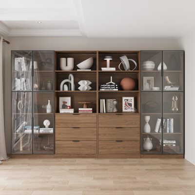 126" Bookcase With Glass Doors , 3 -tier Storage Cabinet With Led Lights