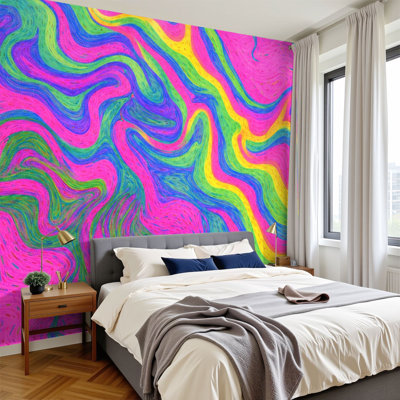 Pastel Peel and Stick Wallpaper Wave Colorful Neon Proton Marble Chaos Purple Green Plastic Pink Wall Murals 100"H x 144"W Removable PVC Wall Paper Self-Adhesive Wall Paintings Art Decor for Kids Bedroom Living Room